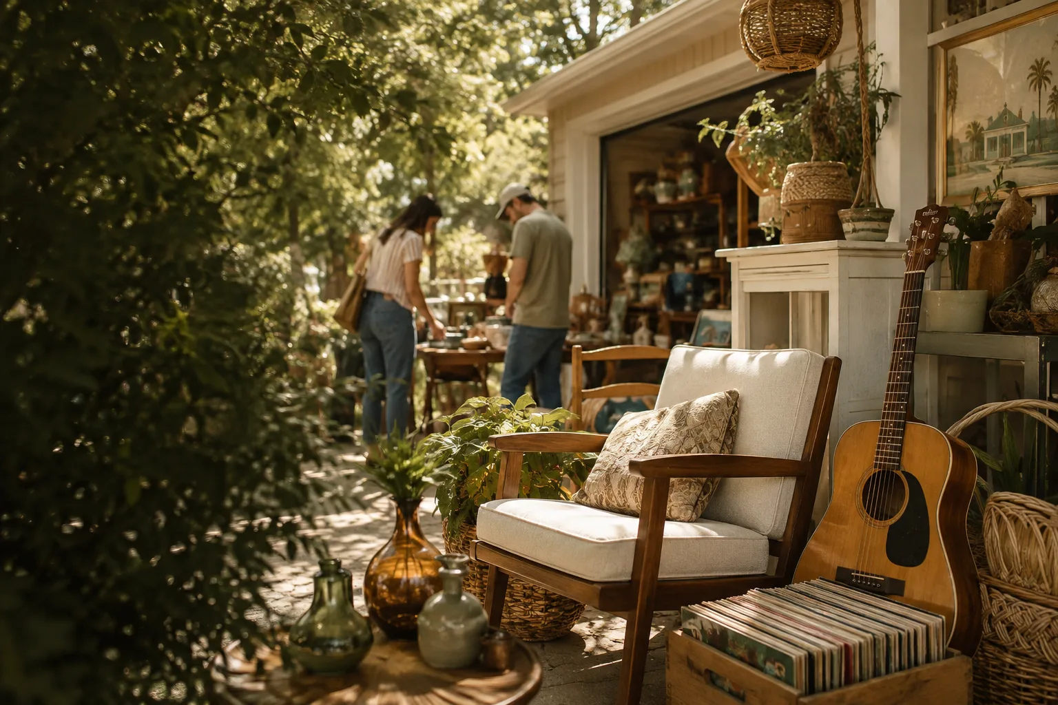 Sunlit secondhand furniture, vinyl records, a guitar, and vintage glass at a neighborhood sale